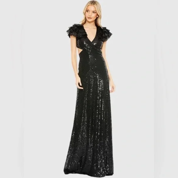 MAC DUGGAL Black Ruffle Shoulder Sequin Embellished Gown - Picture 1 of 4
